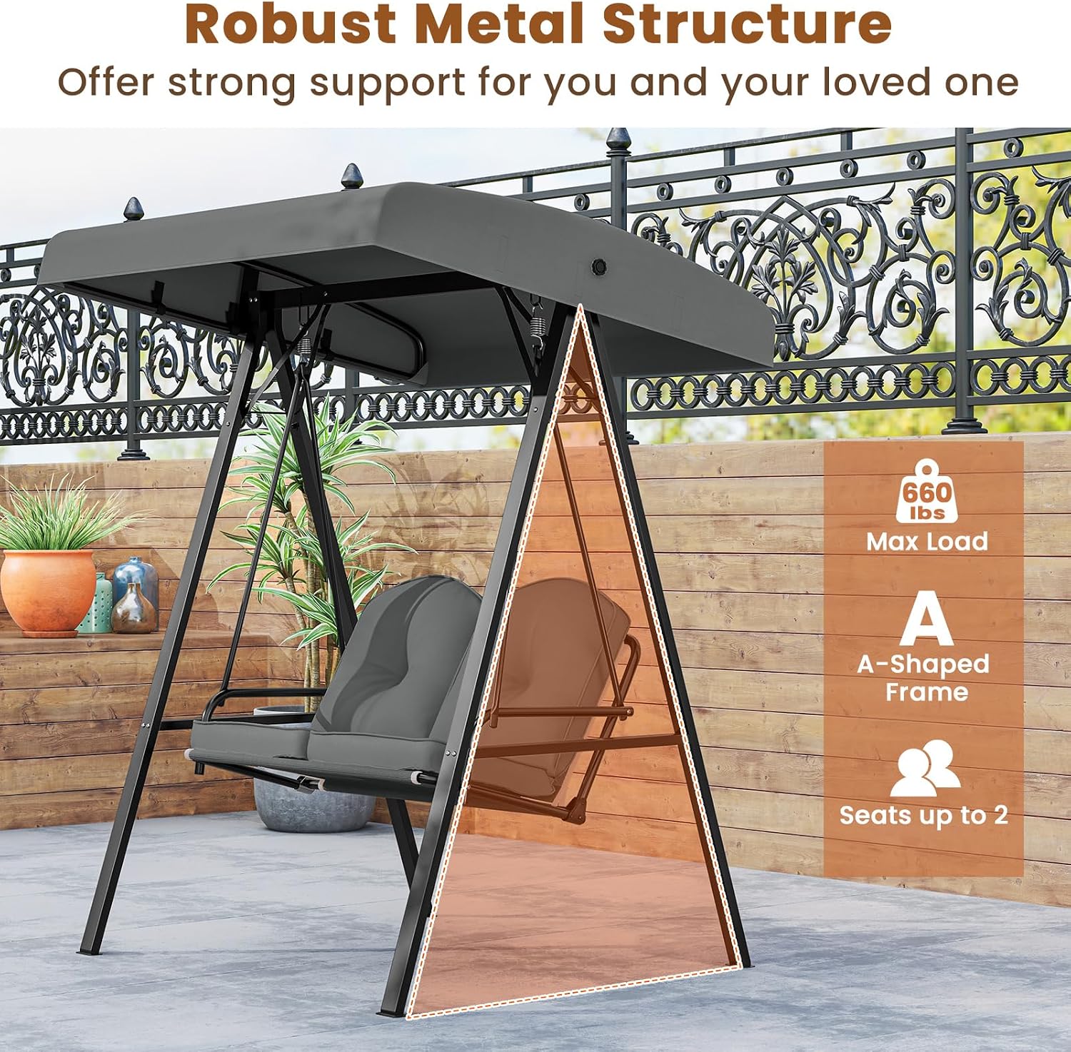 Tangkula 2 Person Porch Swing, Patio Swing with Adjustable Canopy, Heavy-Duty Metal Frame & Soft Cushion, Outdoor Swing for Backyard, Garden (Grey)