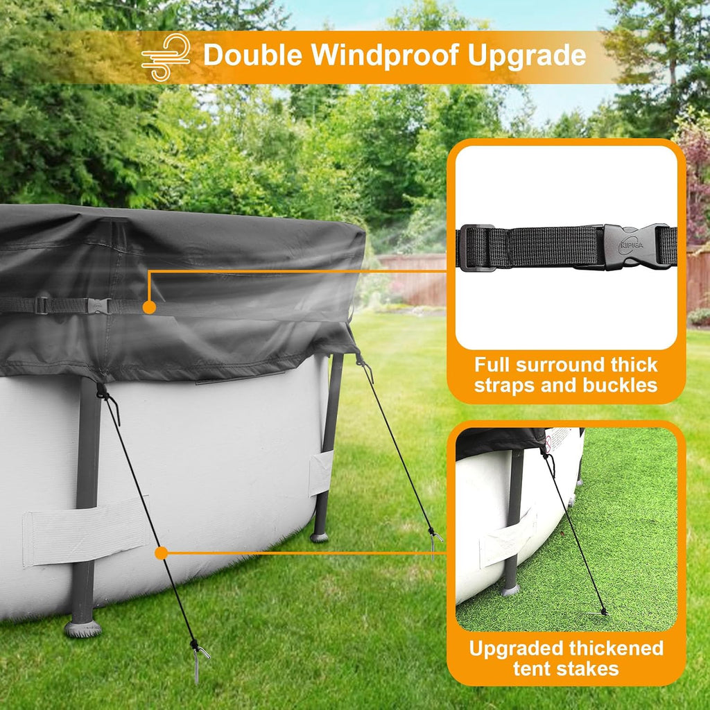 Kipiea Heavy Duty 500D 24ft Round Pool Cover for Above Ground Pools, Swimming Pool Cover with Full Circle Straps, Anti-Slip Straps and Tent Stakes, Featuring Windproof, Waterproof and Dustproof Design