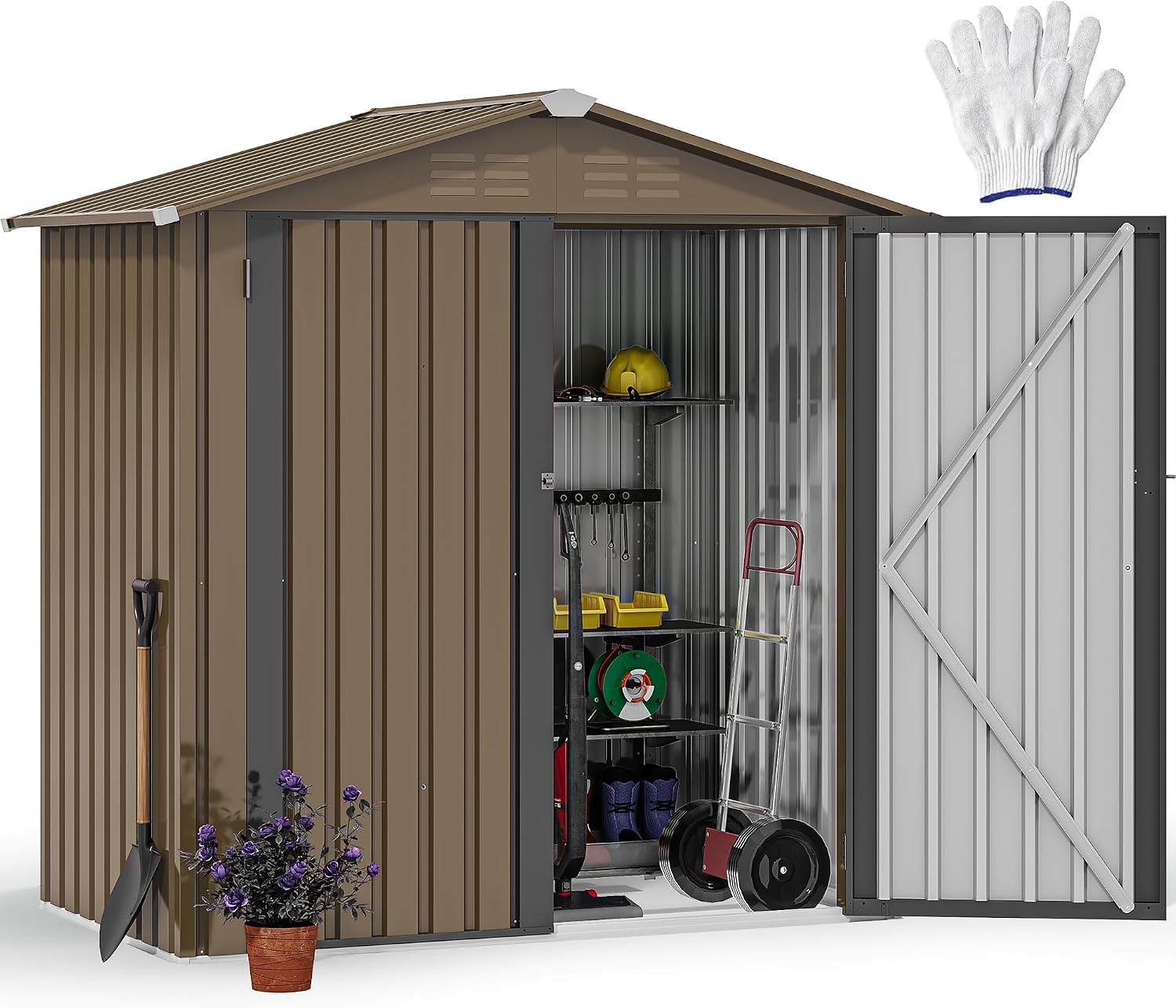 DWVO 6x4ft Metal Outdoor Tool Shed, Garden Storage Shed for Backyard, Lawn, and Patio, Heavy-Duty Storage Unit with Four Vents & Lockable Door for Storing Tools, Equipment & Trash Bins, Brown