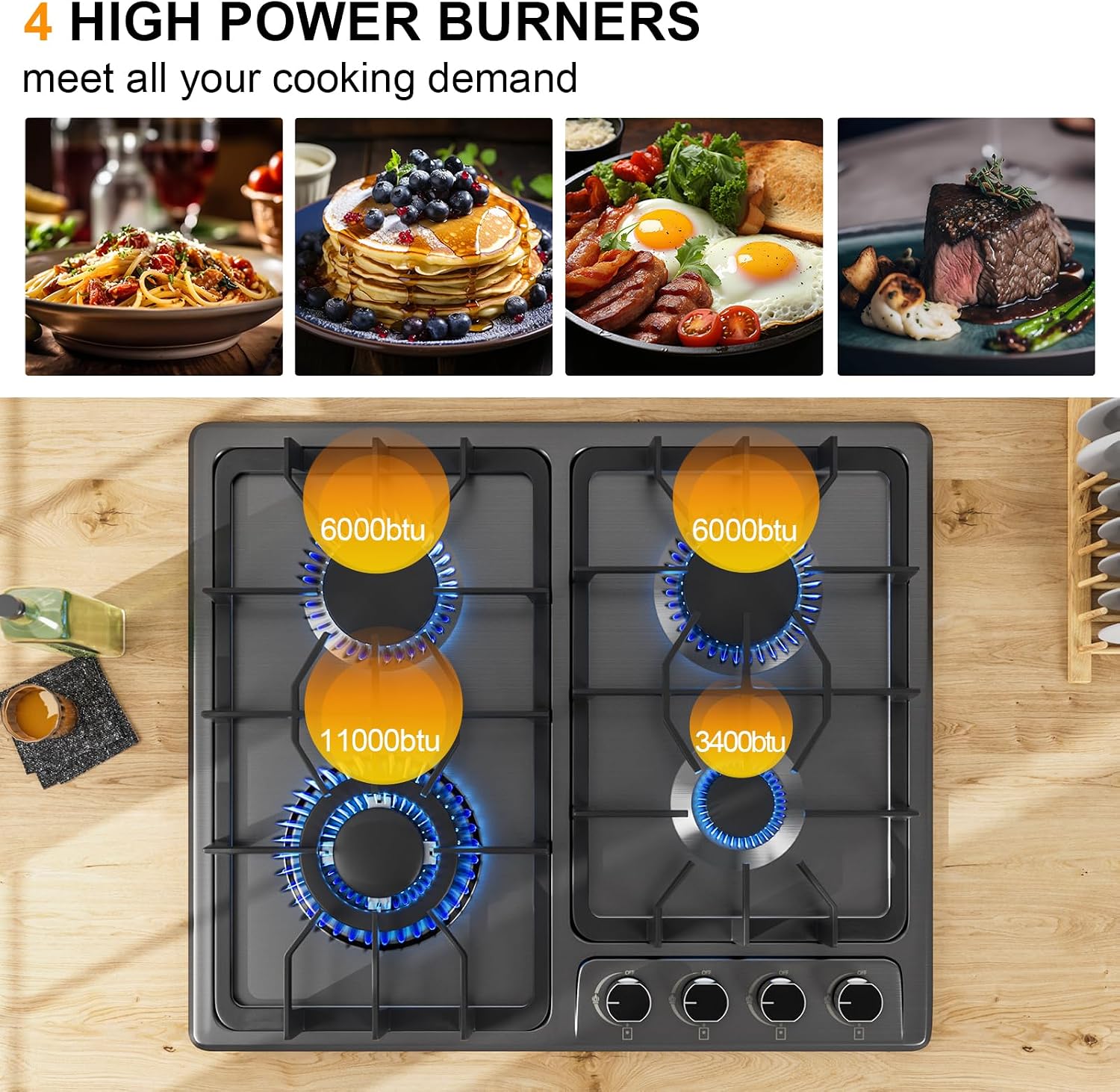 FVBADE 24inch 4 Burners Gas Cooktop Stainless Steel Built-in Gas Stove with NG/LPG Convertible Dual Fuel with Thermocouple Protection for Kitchen，Outdoor, Camping, RV