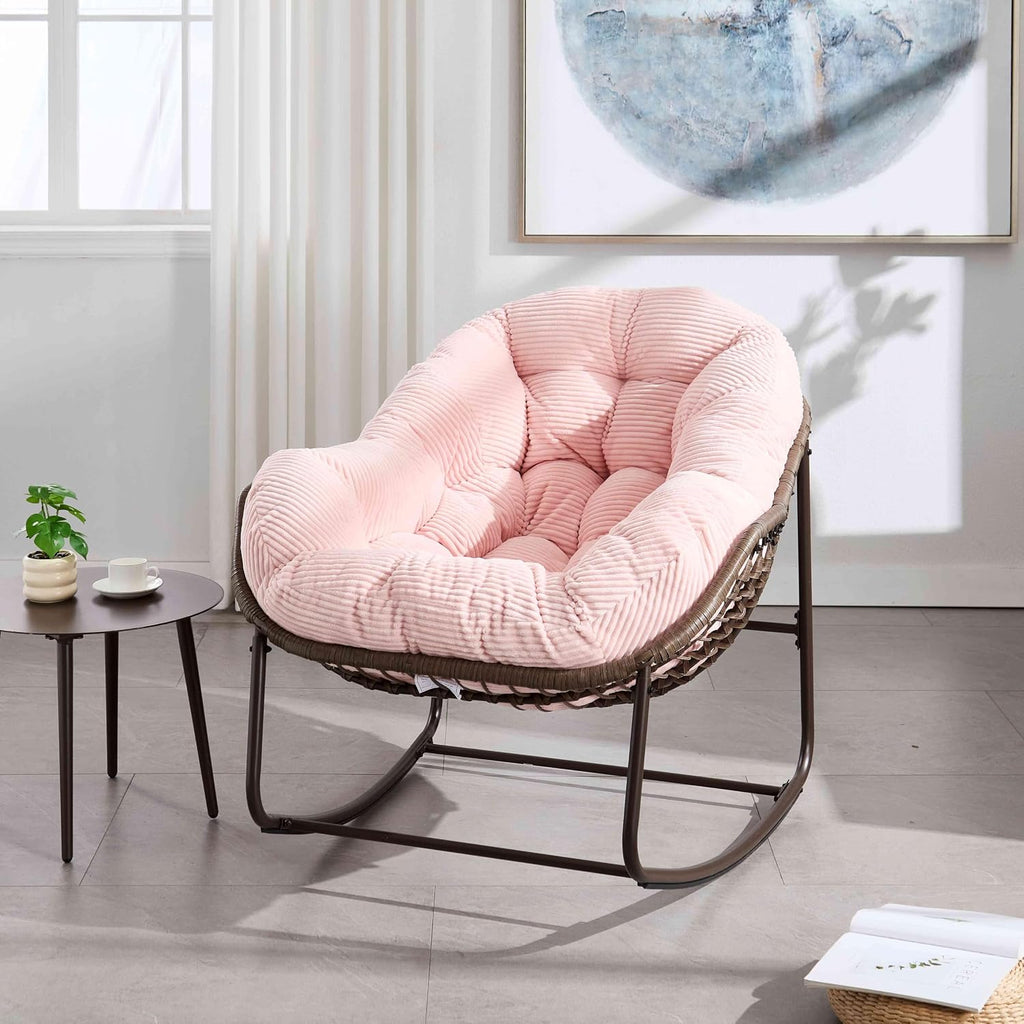 Wicker Outdoor Rocking Chair Rattan Egg Chair with Thick Cushion 30° Smooth Rocking Patio Lounge Reclining for Indoor Outdoor Use Living Room Front Porch Balcony Lawn Garden, Pink