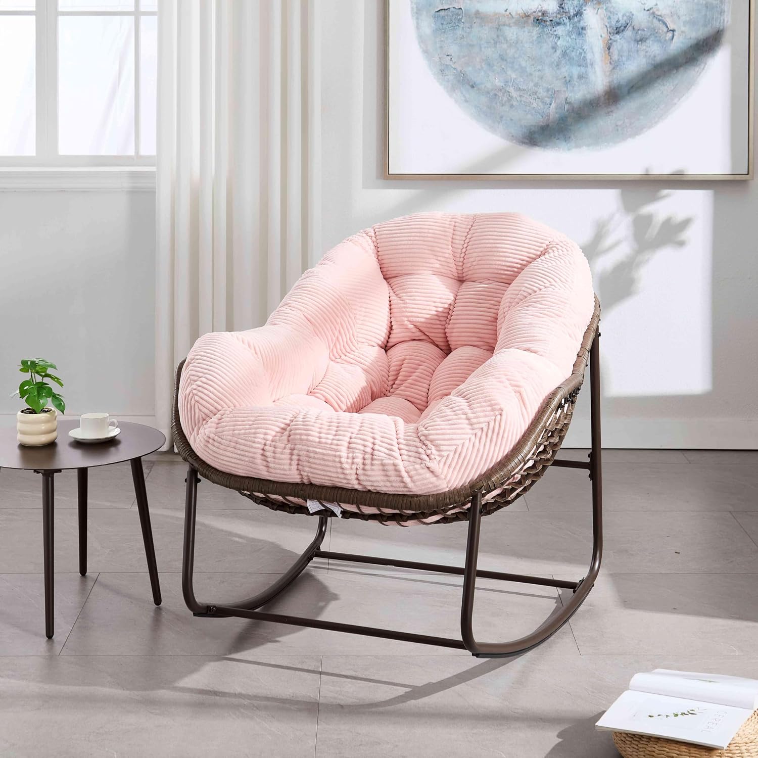 Wicker Outdoor Rocking Chair Rattan Egg Chair with Thick Cushion 30° Smooth Rocking Patio Lounge Reclining for Indoor Outdoor Use Living Room Front Porch Balcony Lawn Garden, Pink