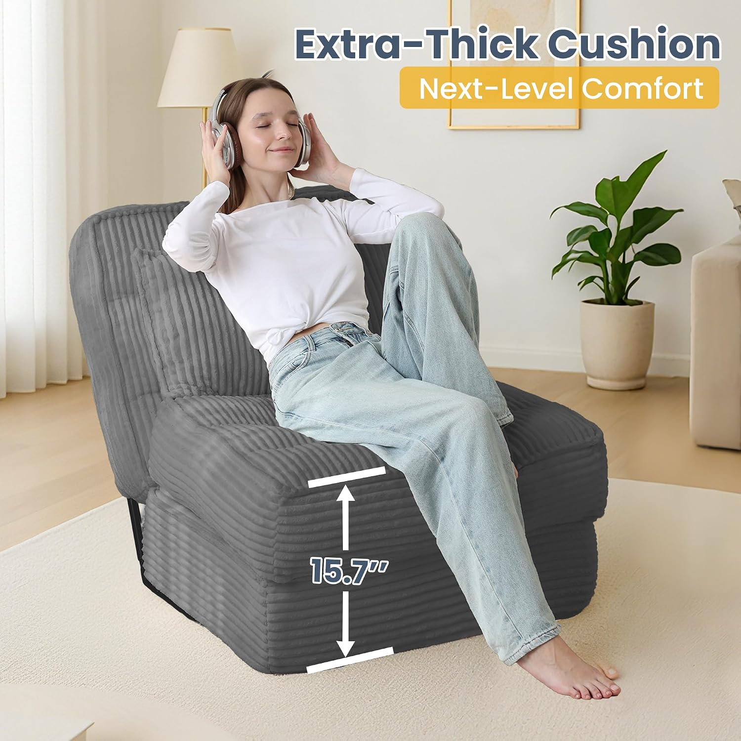 Single Convertible Sofa Bed with Fixed Frame & Thickened Cushion, Boneless Couch Folding Chair Bed with 5-Position Adjustable Backrest, Pull-Out Futon with Pillow for Small Spaces, Apartment,Grey