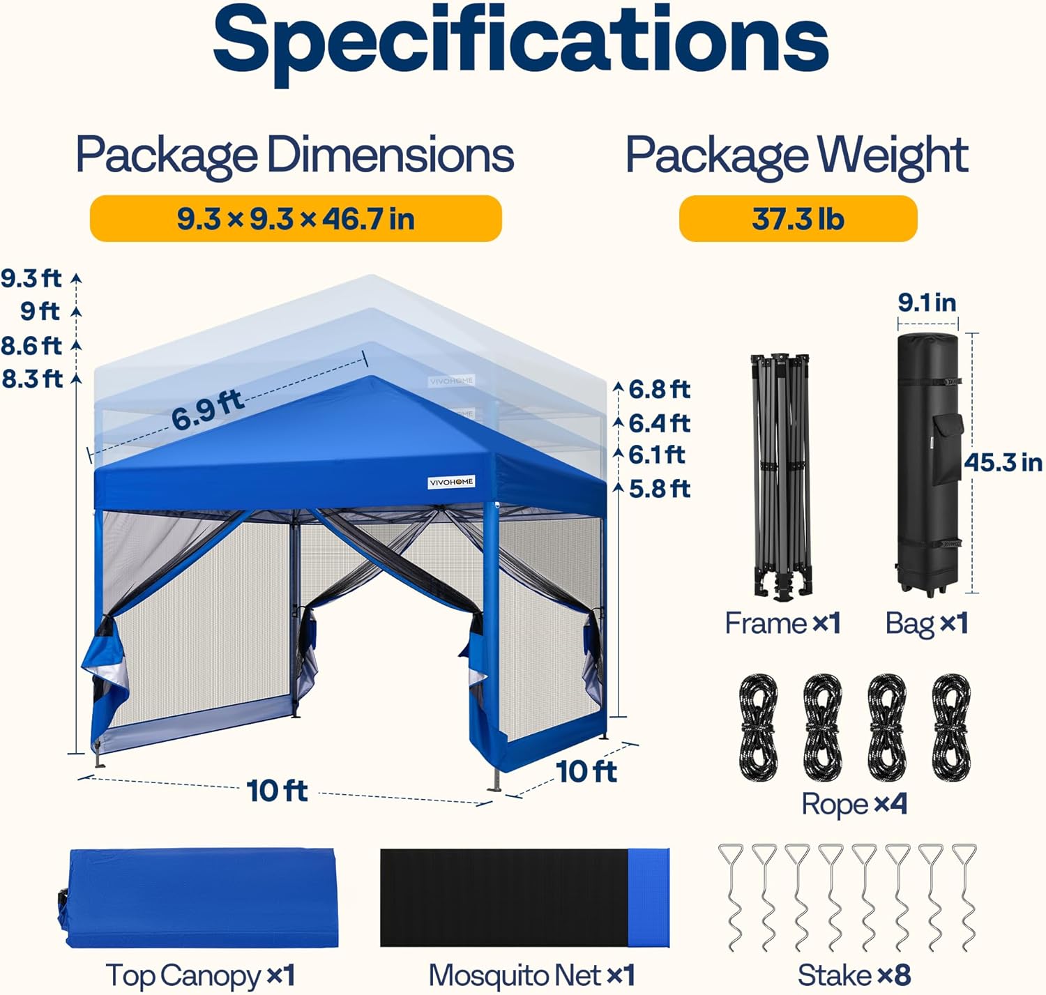 VIVOHOME 10x10ft Easy Pop-Up Canopy, Outdoor Screen Tent with Mosquito Netting, 2 Zipper Doors, and Roller Bag for Yard Camping Picnic Party Events, Blue