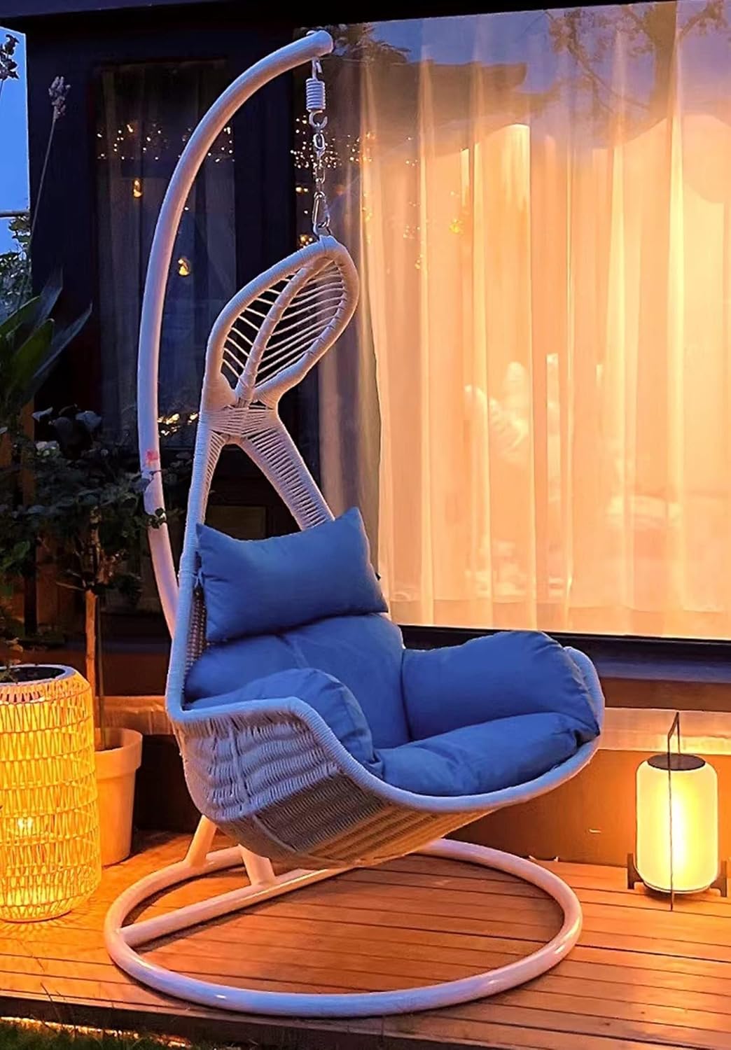 Hanging Rattan Basket Chair with Stand, Teardrop Shaped Swing Rocking Chair for Indoor and Outdoor Use, Perfect for Balcony, Garden, Patio, and Poolside - White, Green, Pink, Blue, Grain