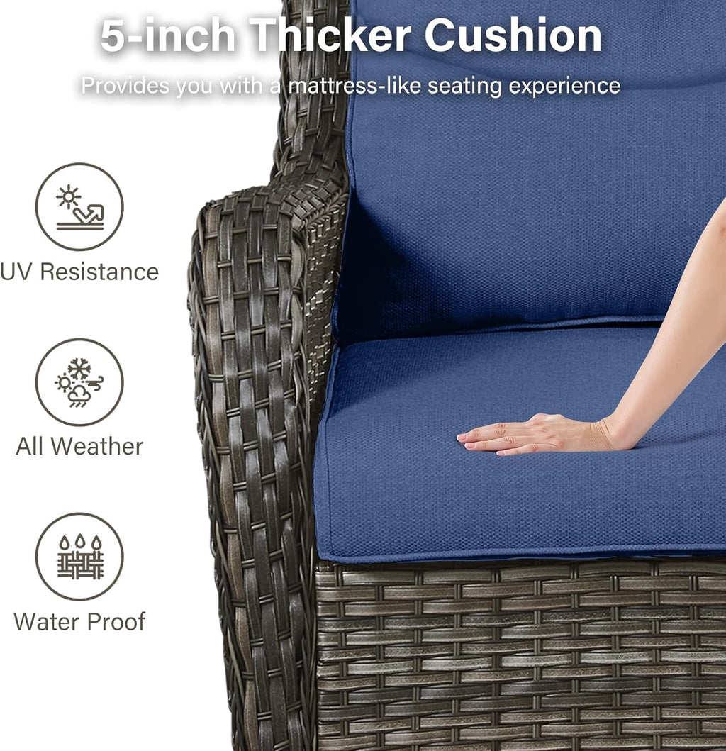 Outdoor Swivel Rocker Patio Chairs with 2 Ottomans - 5' Thick Cushion 4 Piece Furniture Set All Weather Comfortable Wicker Conversation Set for Porch Poolside and Deck - Brown-Blue