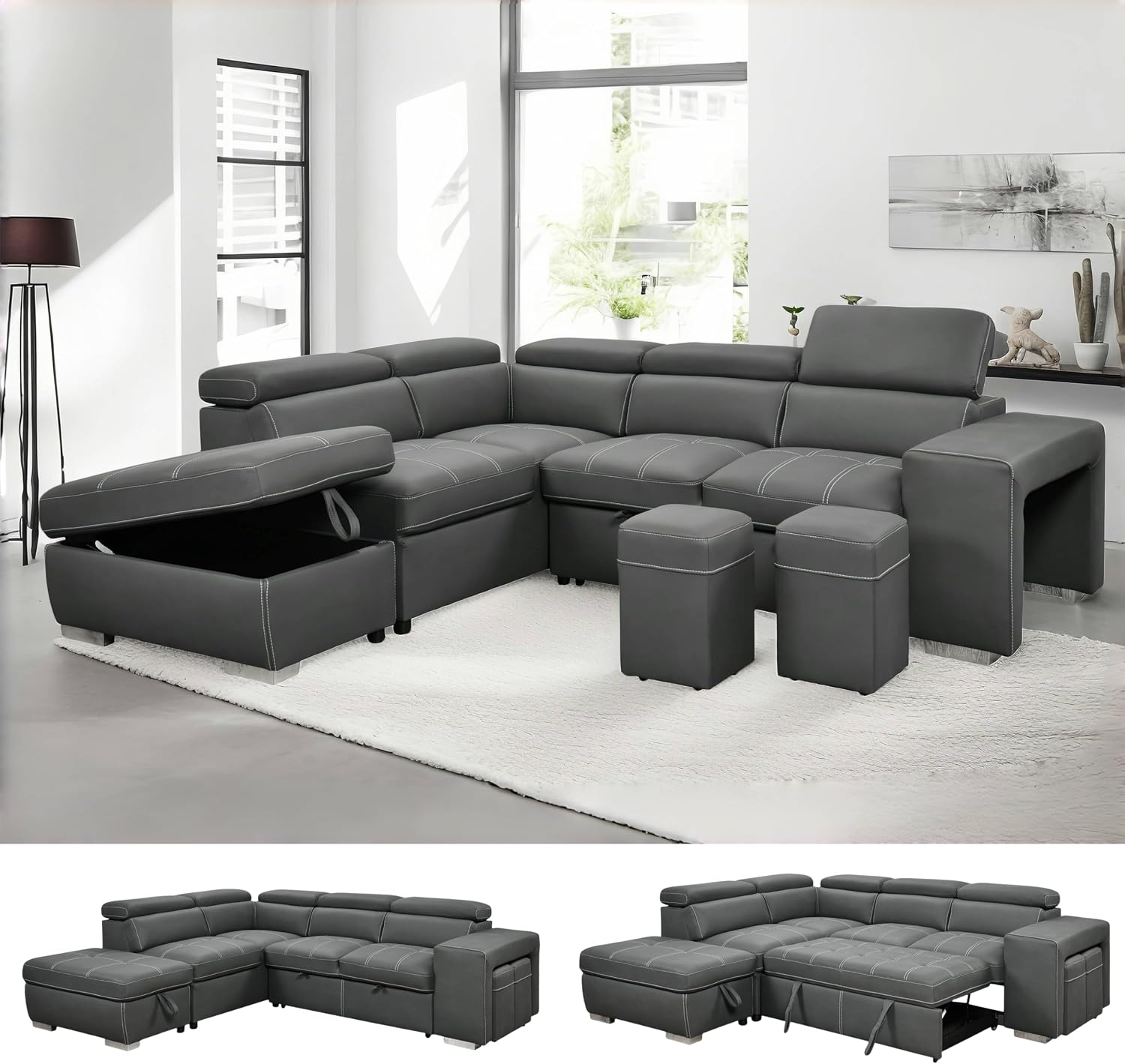 THSUPER 104'' Microfiber L Shaped Sectional Sleeper Sofa Couch with Pull Out Bed and Storage Ottoman, Convertible Couches with Adjustable Headrest for Living Room, Left Facing Chaise. Charcoal Grey