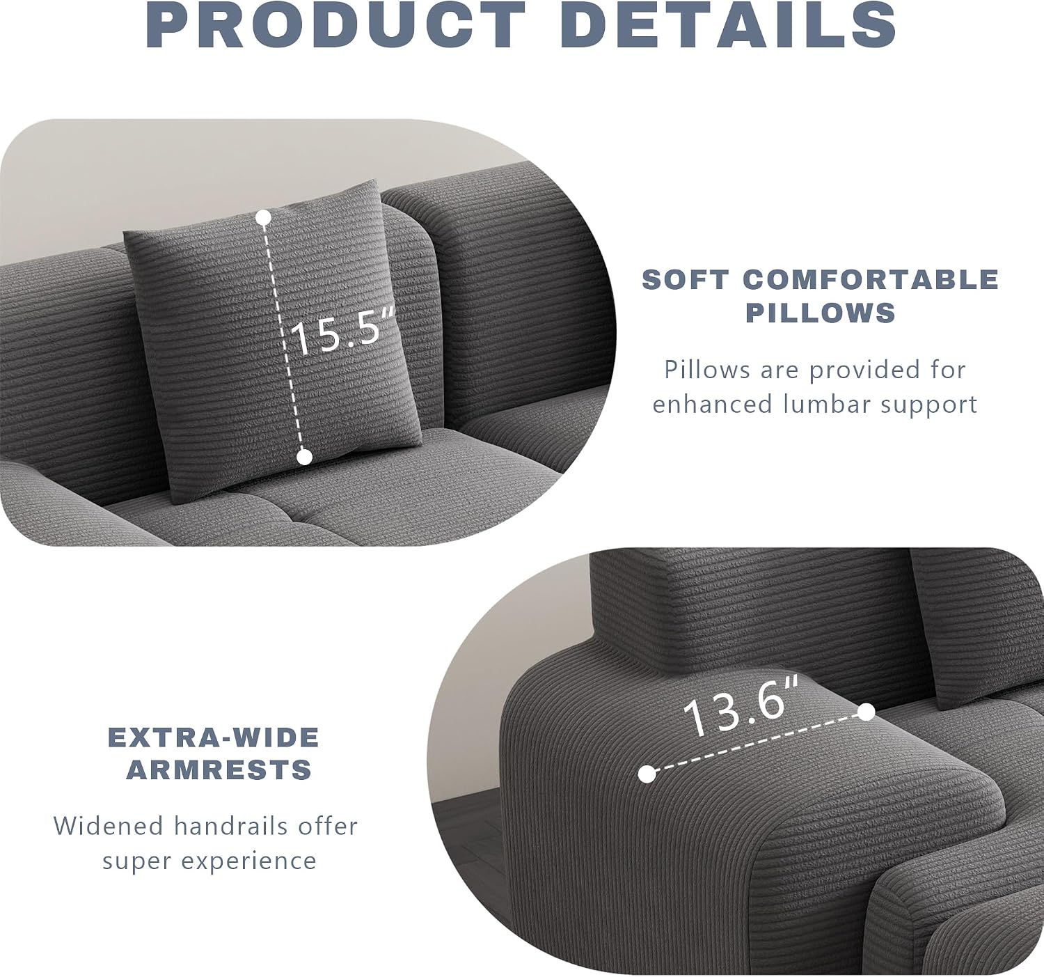 107' Cloud Modular Sectional Couch,Boneless Sofa with Ottman,L-Shape Upholstered Sofas with Deep Seat,Modern Cozy Corduroy Couches with Memory Foam,No Assembly Required (Dark Grey)