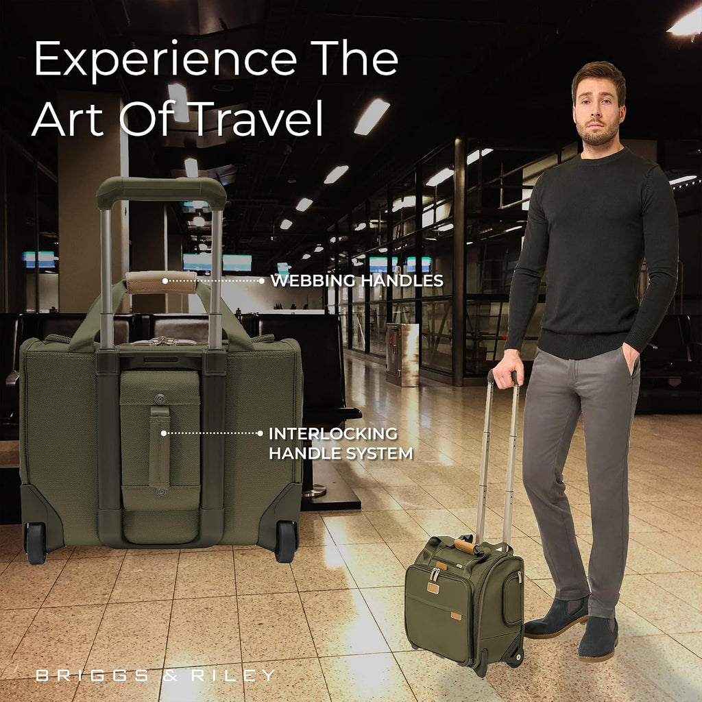 Briggs & Riley 2-Wheel Cabin Bag - Carry On Luggage for Travel, Suitcases with Wheels, Softside Rolling Bag for Men & Women, Interlocking Handle, Self-Repairing Zipper - Baseline Collection, Olive