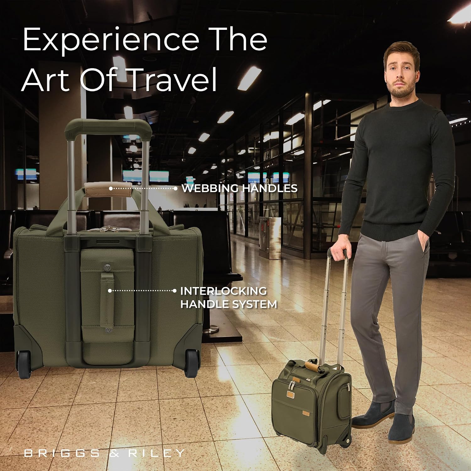 Briggs & Riley 2-Wheel Cabin Bag - Carry On Luggage for Travel, Suitcases with Wheels, Softside Rolling Bag for Men & Women, Interlocking Handle, Self-Repairing Zipper - Baseline Collection, Olive