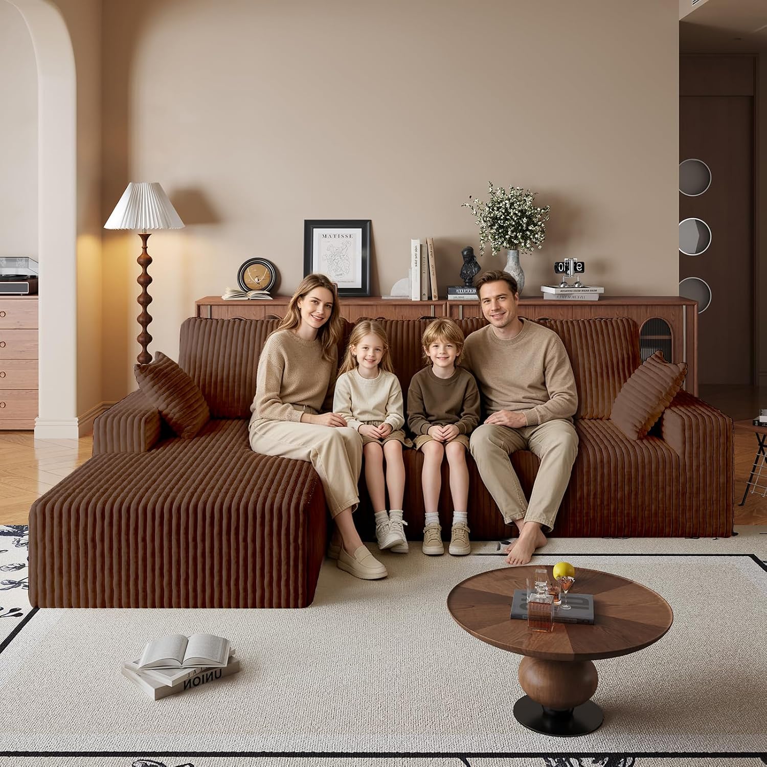 108' Brown Modular Sectional Cloud Couch for Living Room Deep Seat L Shapes Boneless Couch with Oversized Chaise Lounge, Comfy Memory Foam Flannel Fabric Sofa for Bedroom Apartment,