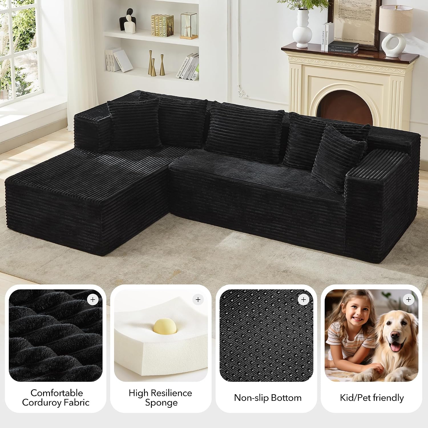 Modular Sectional Sofa Cloud Sectional Couch, 106' Comfy L Shaped Black Couches for Living Room,Oversized Sofa Sleeper with Deep Seat, No Assembly Required