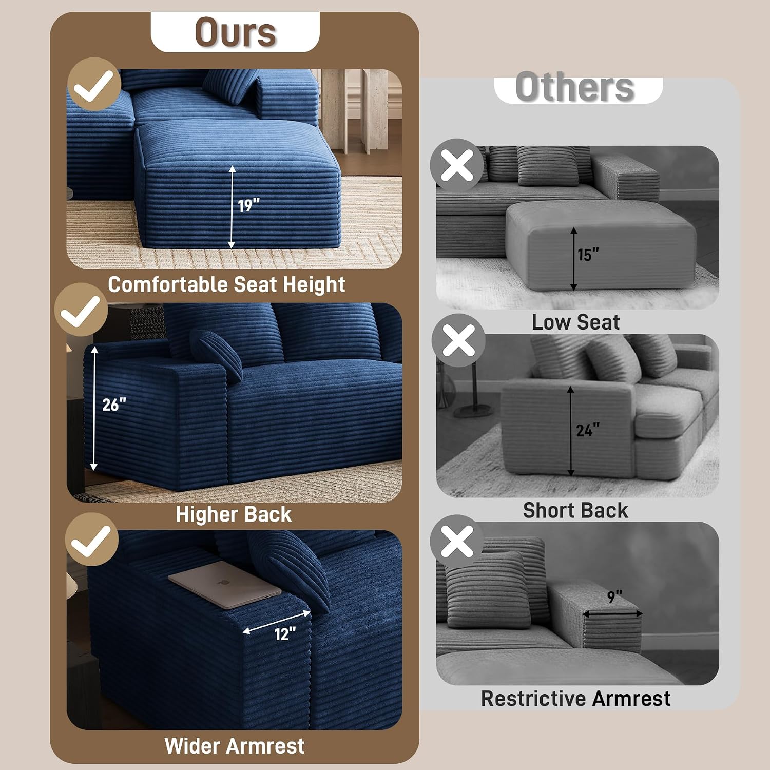 108' Oversized L-Shaped Sectional Couches for Living Room, Comfy Fluffy Corduroy Blue Boneless Cloud Couch with Ottoman, Plush Memory Foam Modular Sectional Sofa for Small Spaces