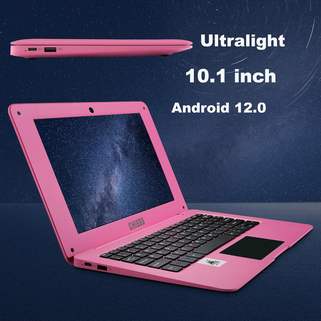 CHIBBS 10.1' Inch Kids Laptop Computer, Netbook Powered by Android 12.0, Quad Core Processor, 2gb Ram + 64gb ROM, Camera, 2* USB, Bluetooth, Wi-Fi- Pink