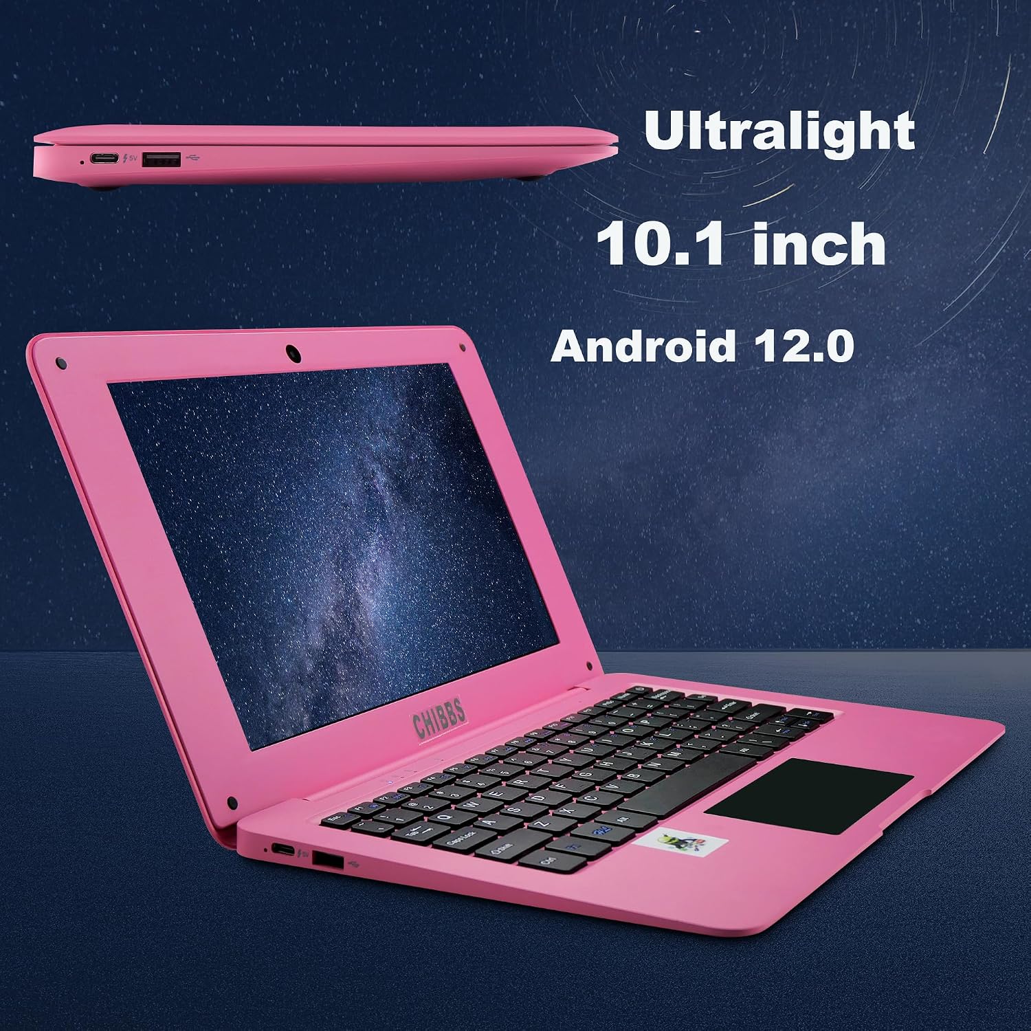 CHIBBS 10.1' Inch Kids Laptop Computer, Netbook Powered by Android 12.0, Quad Core Processor, 2gb Ram + 64gb ROM, Camera, 2* USB, Bluetooth, Wi-Fi- Pink