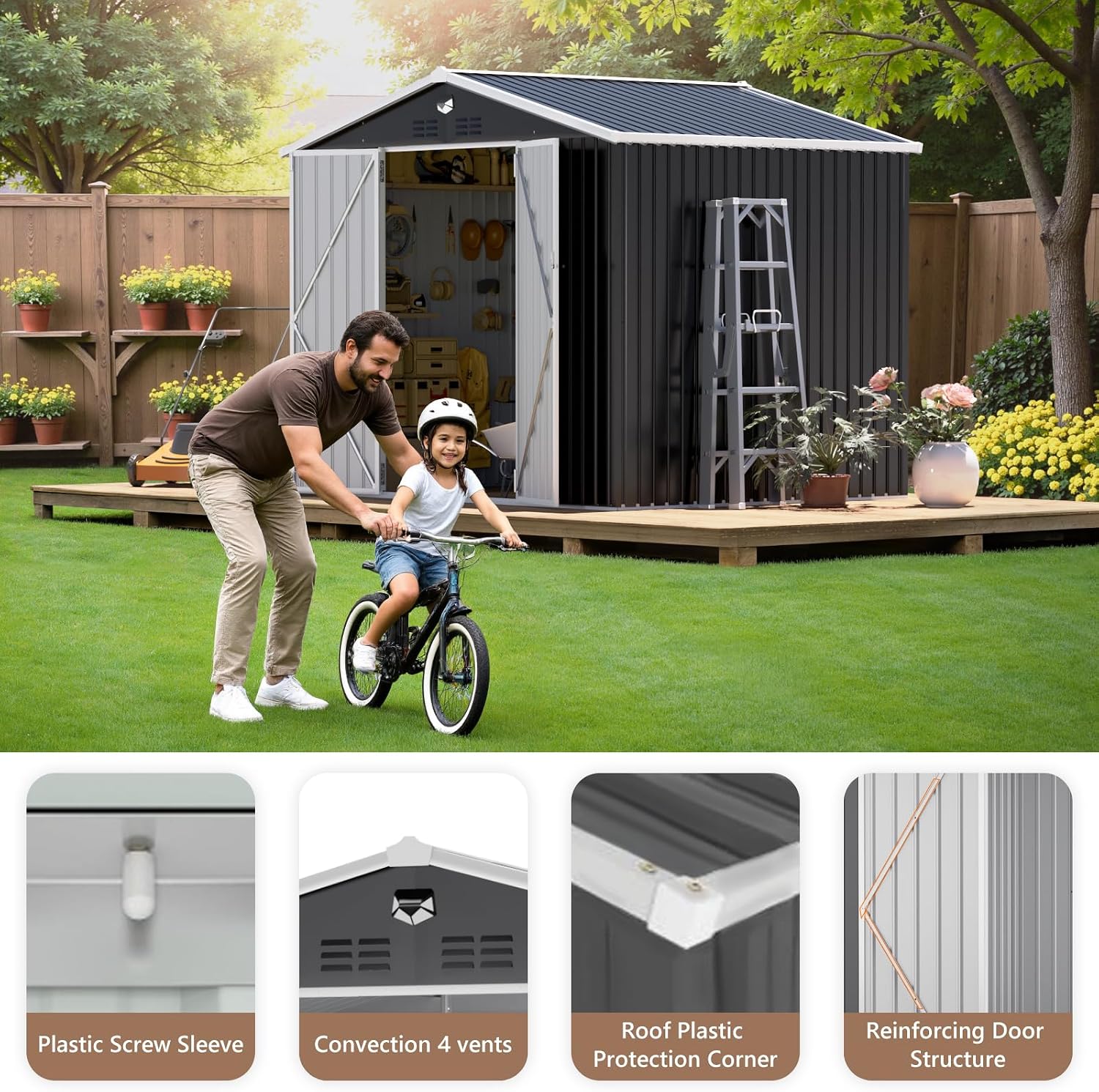 10x8 FT Outdoor Storage Shed, Metal Garden Shed - Tool Storage Sheds with Lockable Doors, Waterproof Outside Storage Building for Backyard, Patio (Black; Floor Not Included)