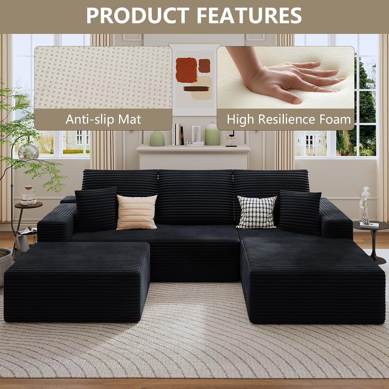 107' Cloud Sectional Couch with U-Shaped Chaise, Corduroy Sectional Sofa with Ottoman, Boneless Couch with Deep Seat in a Box for Living Room, No Assembly Required (Black, Right Facing Chaise)