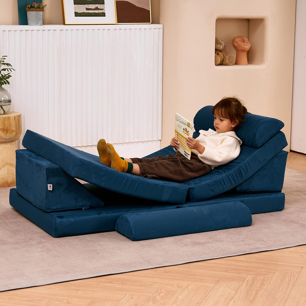 jela Kids Couch Safety Certified Play Couch Soft Kids Sofa with Machine Washable Cover Thick Foam Fort Building Set for Playroom Indoor (57'x28'x18', Navy Blue)