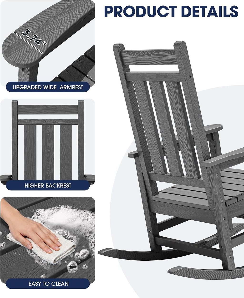 KINGYES Oversized Outdoor Rocking Chair Set of 4, All-Weather Patio Rocking Chairs for Porch, HDPE Outdoor Patio Rockers with High Back & Wide Seat for Garden, Lawn, Gray