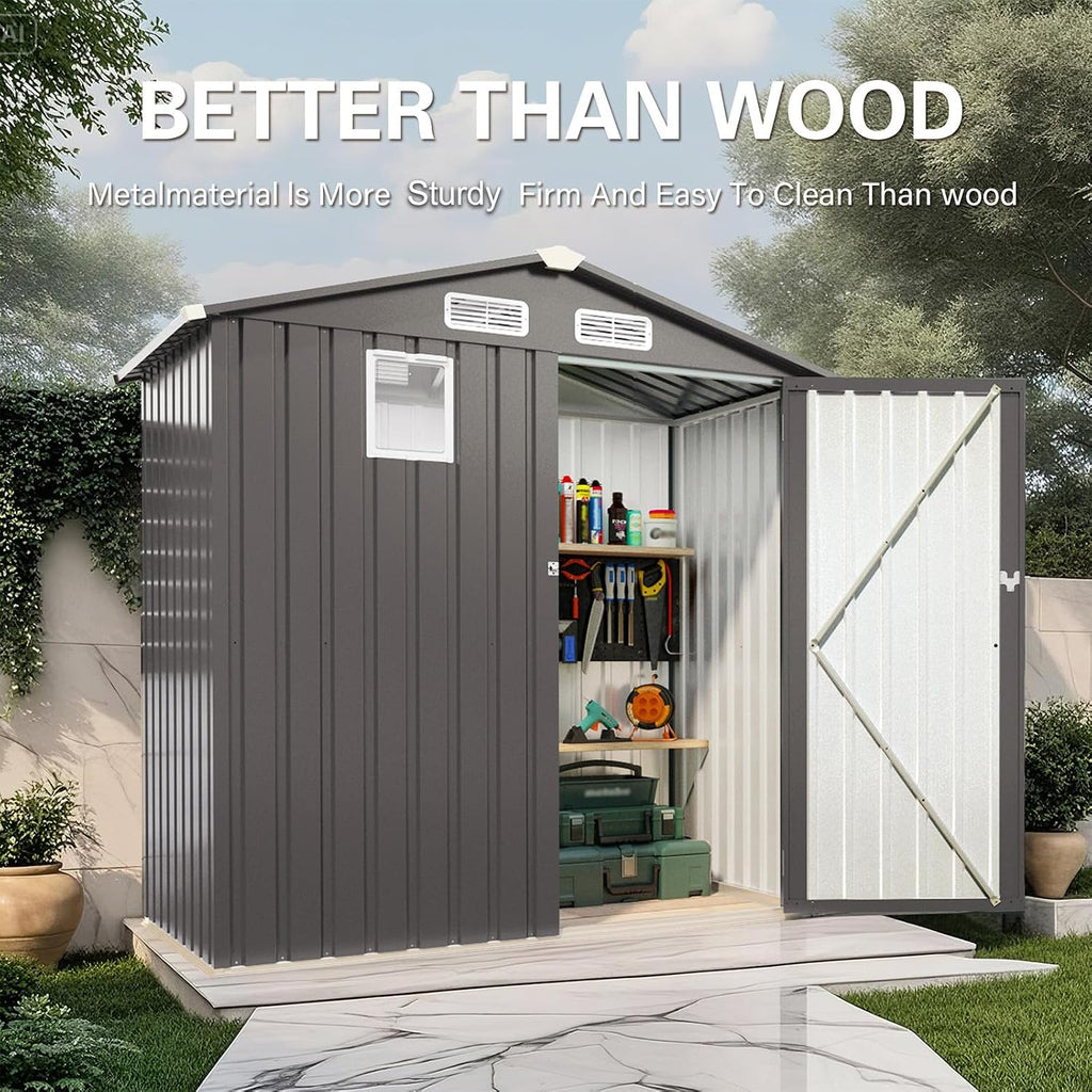 Outdoor Storage Shed 6 x 3.6 FT Metal Tool Shed with Peaked Roof, Metal Garden Shed Anti-Corrosion Storage House with Clear Window, Lockable Door for Backyard, Patio, Sundries, Gray (Clear Window)