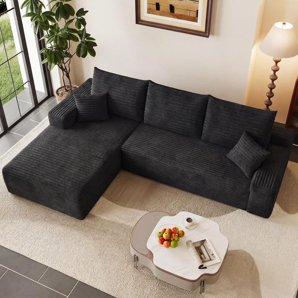 95' Cloud Sectional Couch with L-Shape Chaise, Modern Corduroy Boneless Couch for Living Room,Memory Foam Sofa with Deep Seat,No Assembly Required (Black,Left-Facing Chaise)