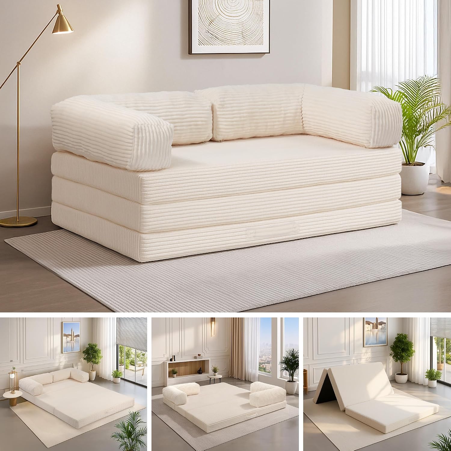 5-in-1 Convertible Sofa Bed,60' Boneless Couch Tri Folding Floor Mattress with Removable L-Shaped Armrests & Handle,Corduroy Futon Couch Sleeper with Pull Out Bed for Living Room Bedroom Apartment