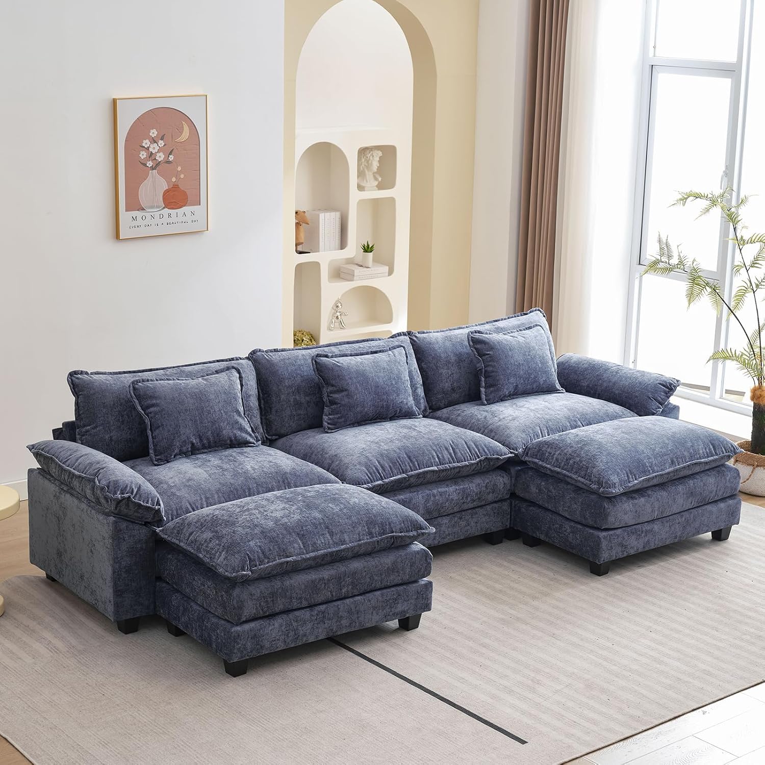Oprisen 120' Modular Sectional Sofa, Comfy Cloud Couch Sectional Sofa with Ottoman, Chenille Sofa Sleeper Deep Seat Sofa with Throw Pillows for Living Room (Blue, 120'- U Shape)