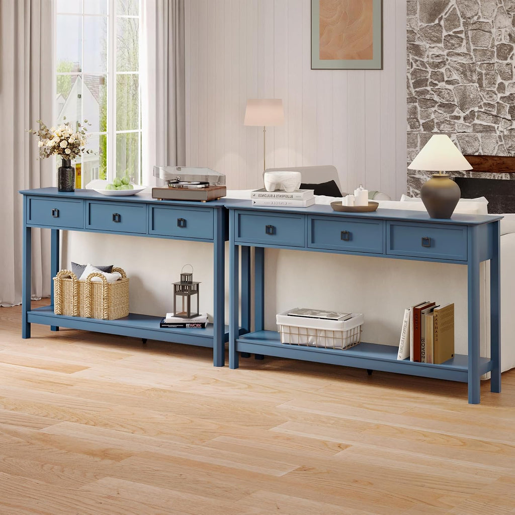 Treocho 53.1' Console Table with 3 Drawers, Modern Entryway Table, 2-Tier Narrow Long Sofa Table Behind Couch Table for Living Room, Hallway, Blue
