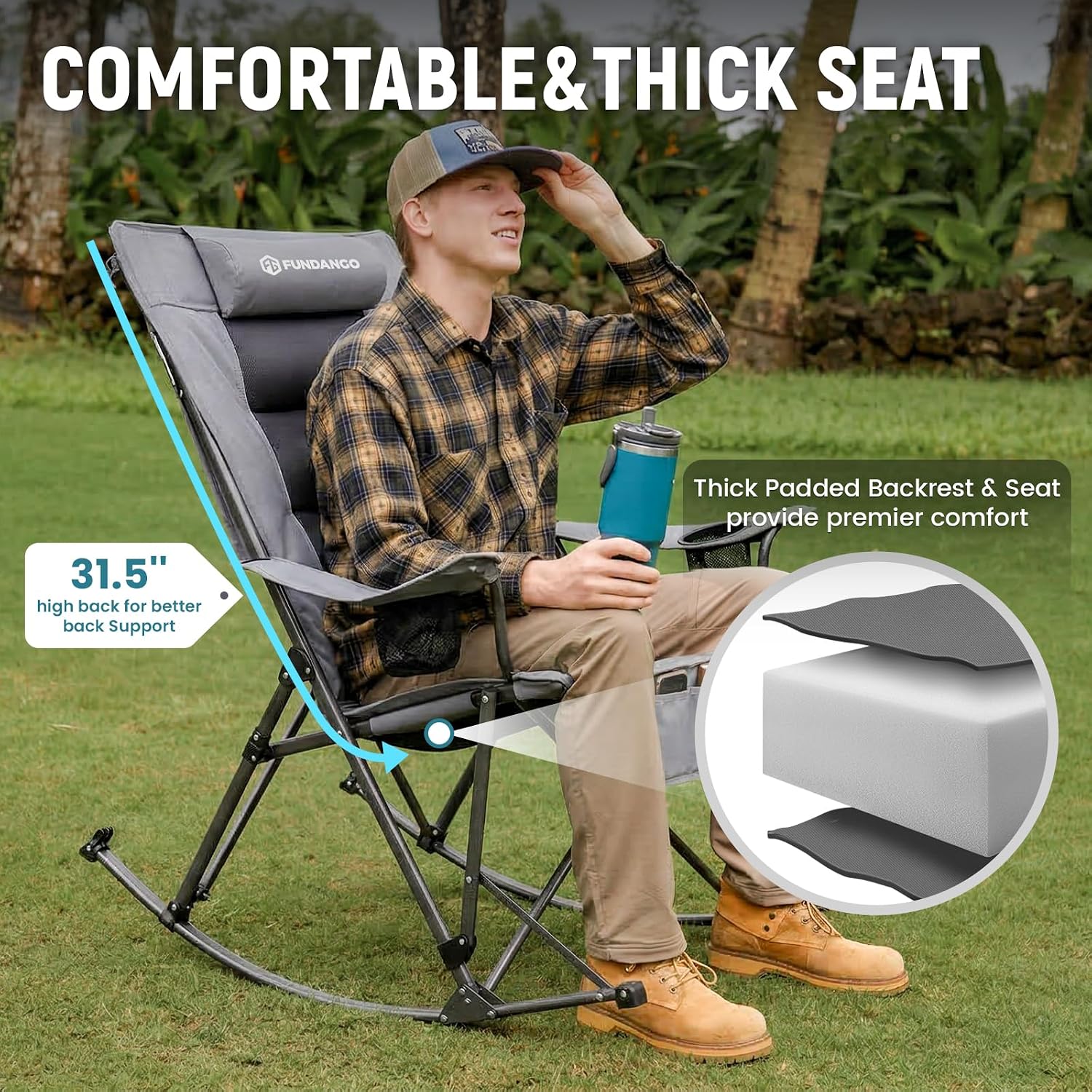 FUNDANGO Oversized Rocking Camping Chair for Adults, High Back Padded Folding Lawn Chairs with Pillows, Wide Armrest, 2 Cup Holders, Carry Bag for Patio Garden Outdoor Supports 440Lbs (Grey)
