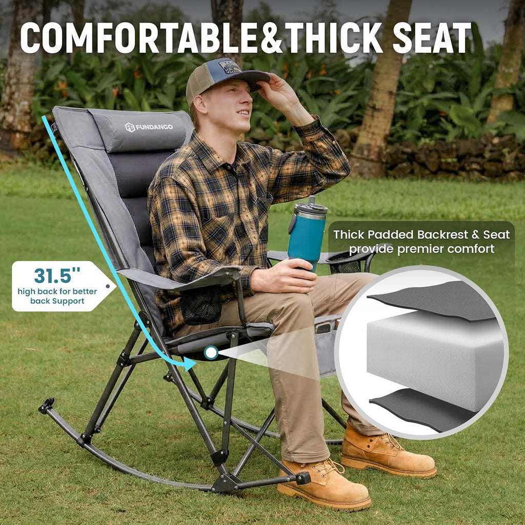 FUNDANGO Oversized Rocking Camping Chair for Adults, 2 Pack High Back Padded Folding Lawn Chairs with Pillows, Wide Armrest, 2 Cup Holders, Carry Bag for Patio Garden Outdoor Supports 440Lbs