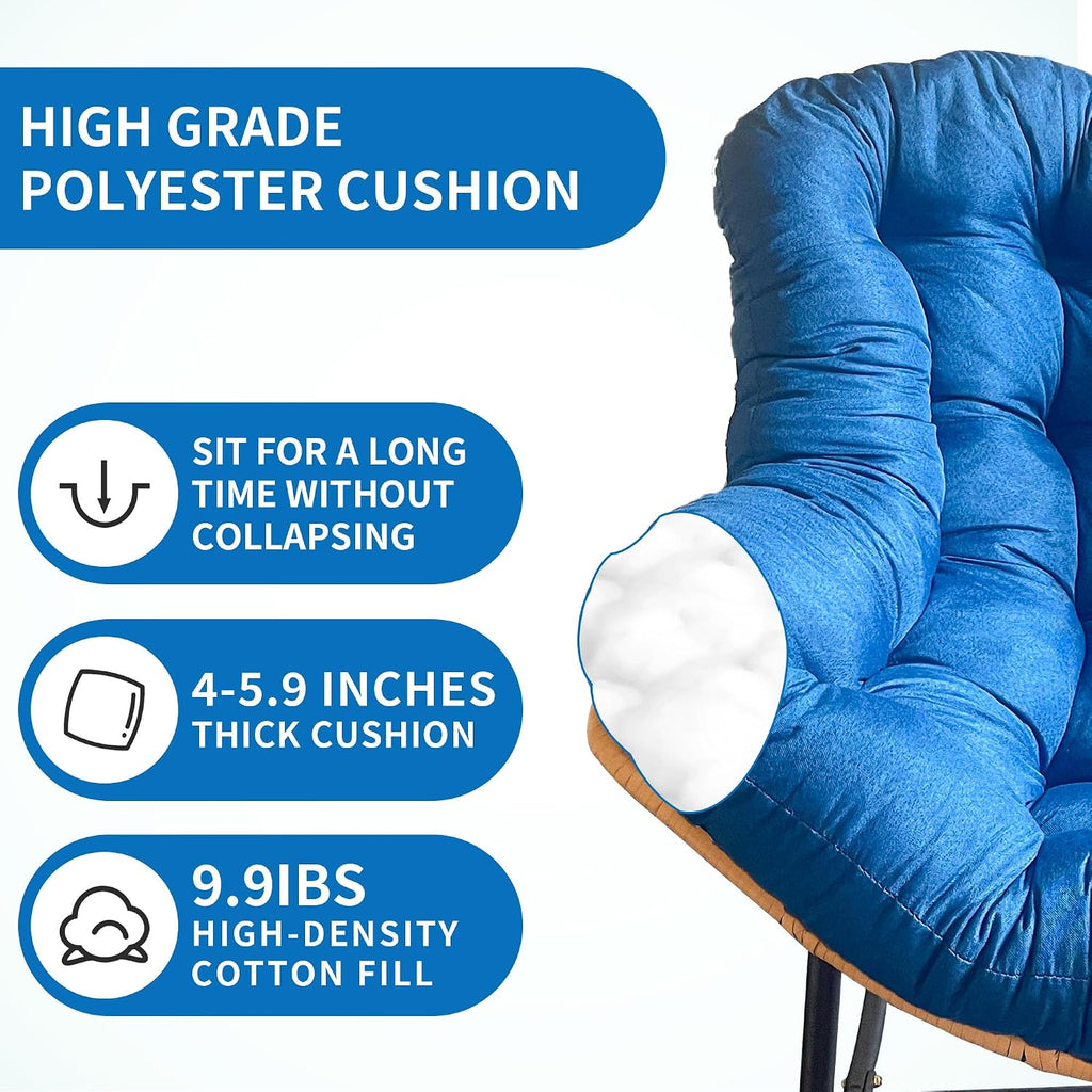 Outdoor Rocking Chair, Patio Egg Rocking Chair, Indoor Papasan Chair, Rattan Wicker Lounge Chair, Modern Royal Chair for Bedroom, Living Room, Porch, Garden,Lawn (41.3' Dark Blue)