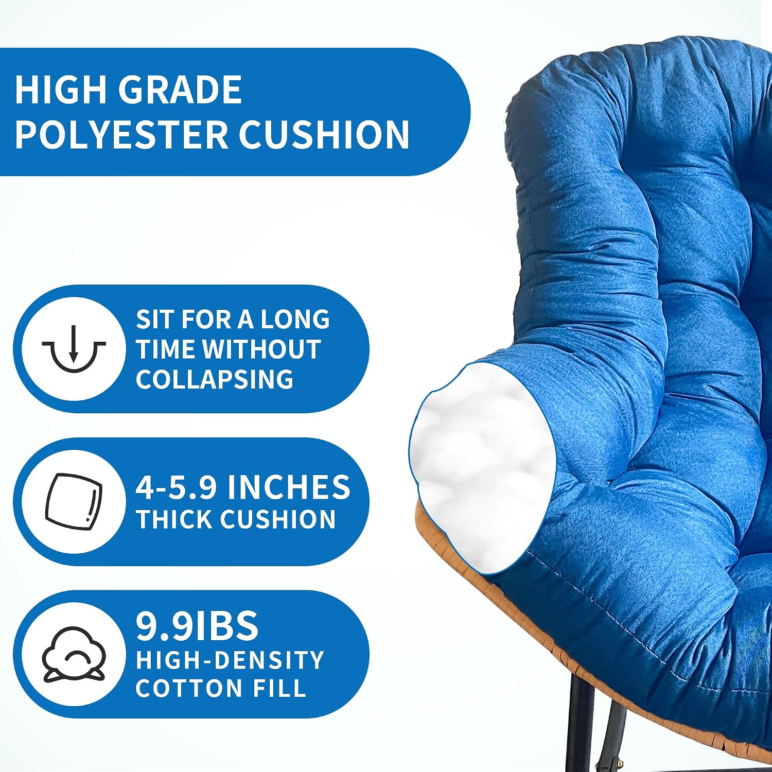 Outdoor Rocking Chair, Patio Egg Rocking Chair, Indoor Papasan Chair, Rattan Wicker Lounge Chair, Modern Royal Chair for Bedroom, Living Room, Porch, Garden,Lawn (41.3' Dark Blue)
