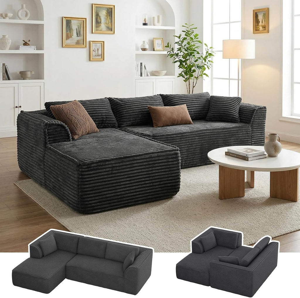 Vesgantti 106' Boneless Couch with Chaise, Deep Seat Comfy Cloud Modular Sofa Corduroy Memory Foam Sectional Couches for Living Room Bedroom, No Assembly Required (Grey, Left-Facing Chaise)