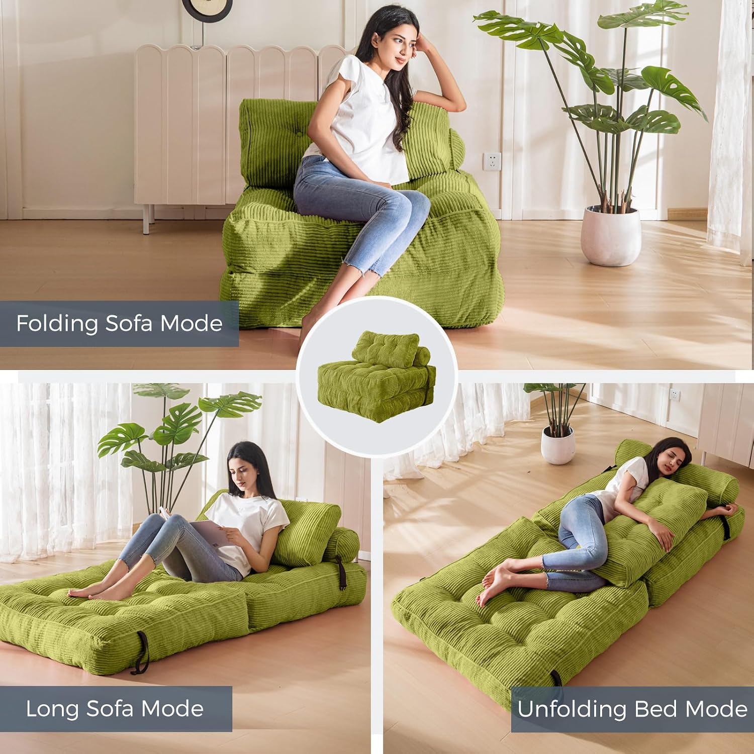 MAXYOYO Folding Sofa Bed, Convertible Sleeper Chair with Pillow Foldable Mattress with Back Support, Portable Fold Out Chair Bed Comfy Floor Sofa Lounge for Living Room Bedroom, Beige, Green
