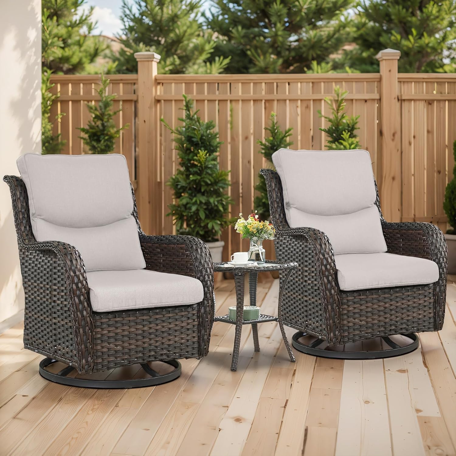 Outdoor Swivel Rocker Patio Chairs with 5' Thick Cushion - 3 Piece Wicker Bistro Set with Side Table, High Back Comfty Outdoor Glider Chairs for Balcony, Porch, Deck, Poolside - Brown/Beige