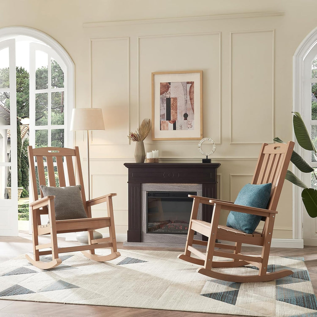 Psilvam Oversized Outdoor Rocking Chair Set of 2, Porch Rocker with 21' Wide Seat and 32' Tall Backrest, Pre-Assembled with Most Components for Effortless Installation (Teak Color)