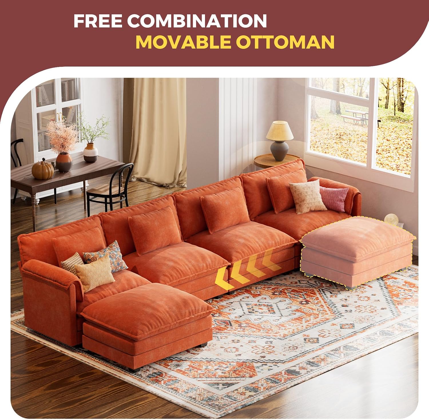 ELUCHANG 113' Luxury Modular Sectional Sofa, Comfy Deep Seat Cloud Couch, Sleeper Sofa Bed, 6 Seat Modern Couch with Removable Cover for Living Room, Apartment, DIY Combination, Chenille Terracotta