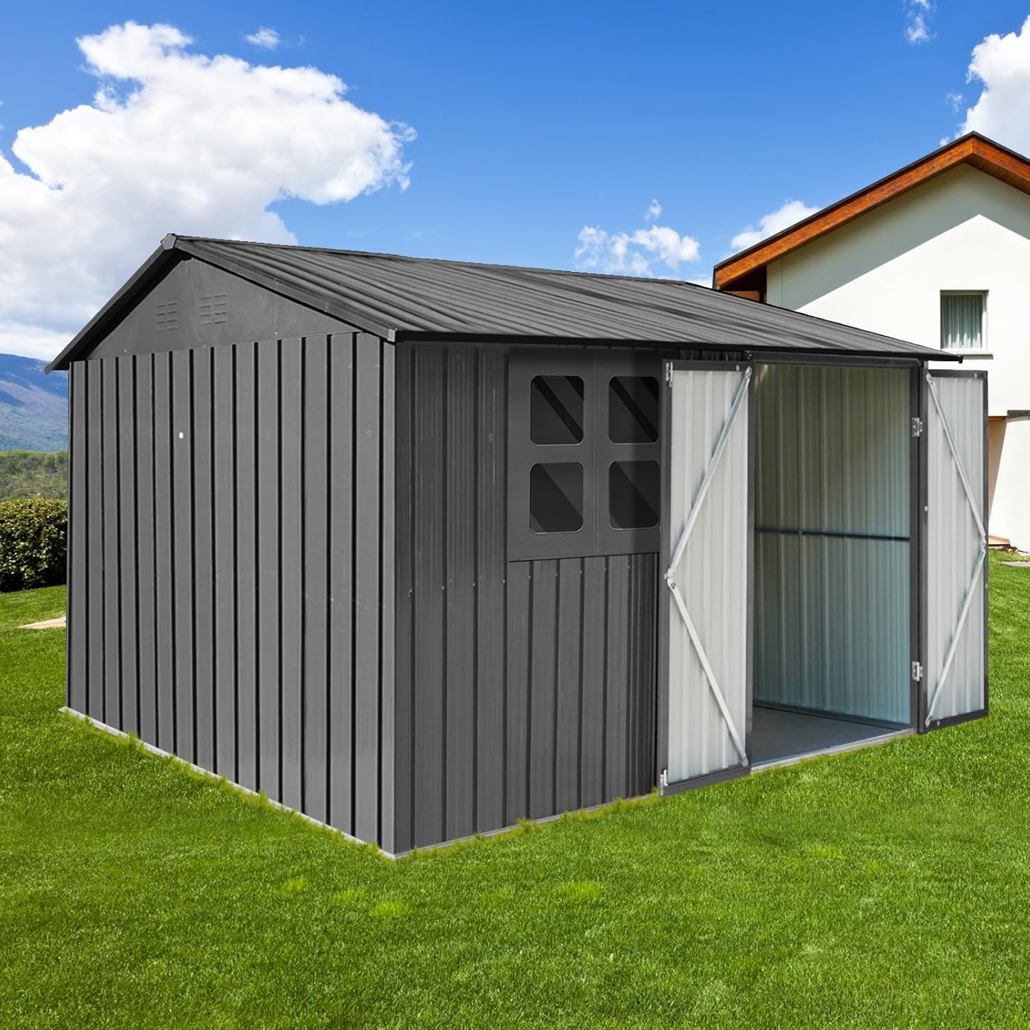 Ball & Cast 6x8 FT Metal Frame Garden Sheds with Lockable Doors and Window,Outdoor Single-Storey Roofed Storage Shed,w/Waterproof Roofs,for Storing Bicycles,Lawnmowers,Barbeques,Grey