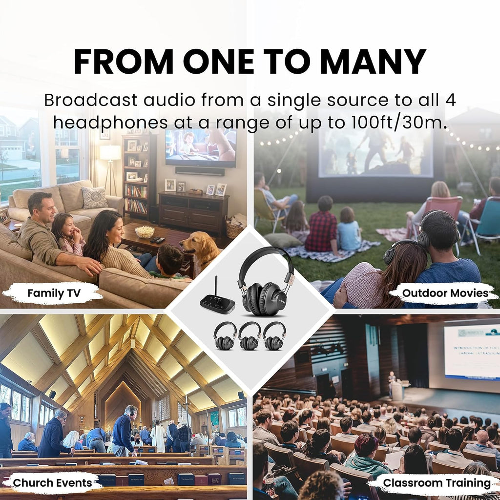 Avantree Quartet 2 - Wireless Group Listening Headphones & Transmitter for TV, Church, Classroom, Silent Discos, Plug & Play, 2.4GHz Expandable Multi-Headphone System with Low Latency & Clear Voice