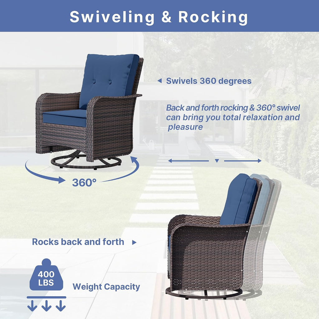 ALAULM Outdoor Swivel Rocking Chairs Set of 2 with 4'Thick Cushions and High Back, Wicker Patio Chairs w/Side Table for Patio, Porch, Poolside, Deck, Backyard, Garden-Dark Blue