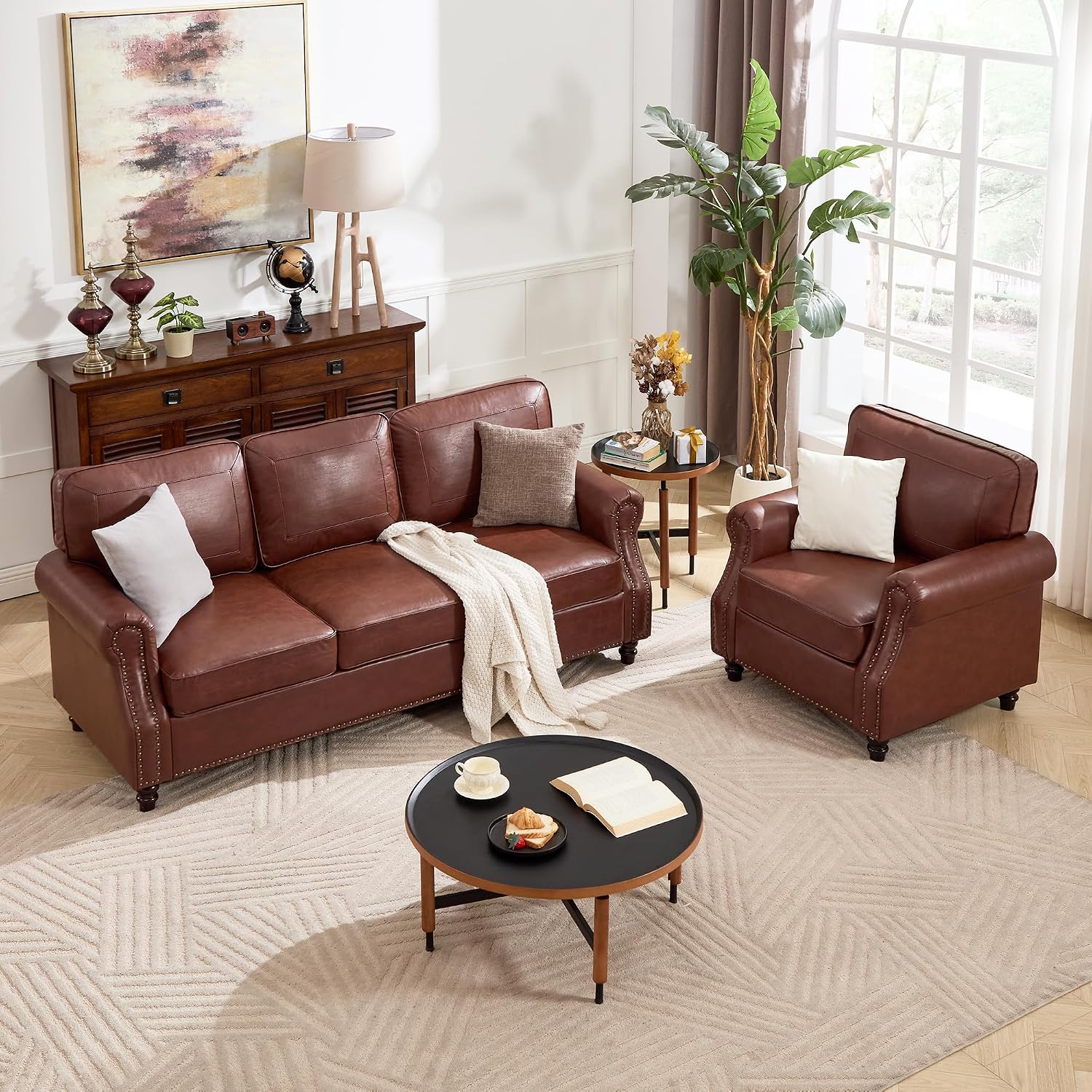Kingfun Mid-Century Modern Couch, Faux Leather Sofa Set, 3 Seater Couch for Living Room with Rolled arms & Nailhead Trim, Dark Coffee
