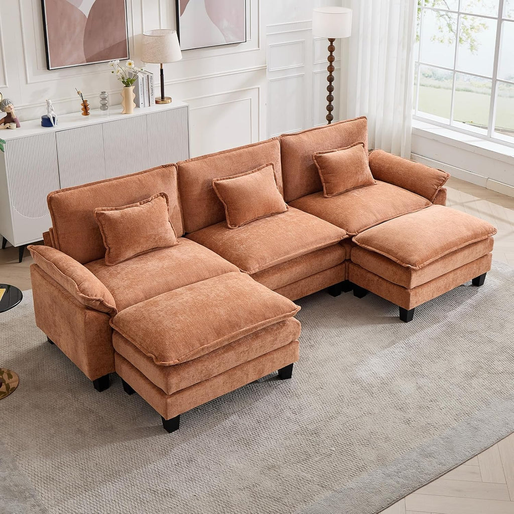 Oprisen 120' Modular Sectional Sofa, Comfy Cloud Couch Sectional Sofa with Ottoman, Chenille Sofa Sleeper Deep Seat Sofa with Throw Pillows for Living Room (Orange, 120'- U Shape)