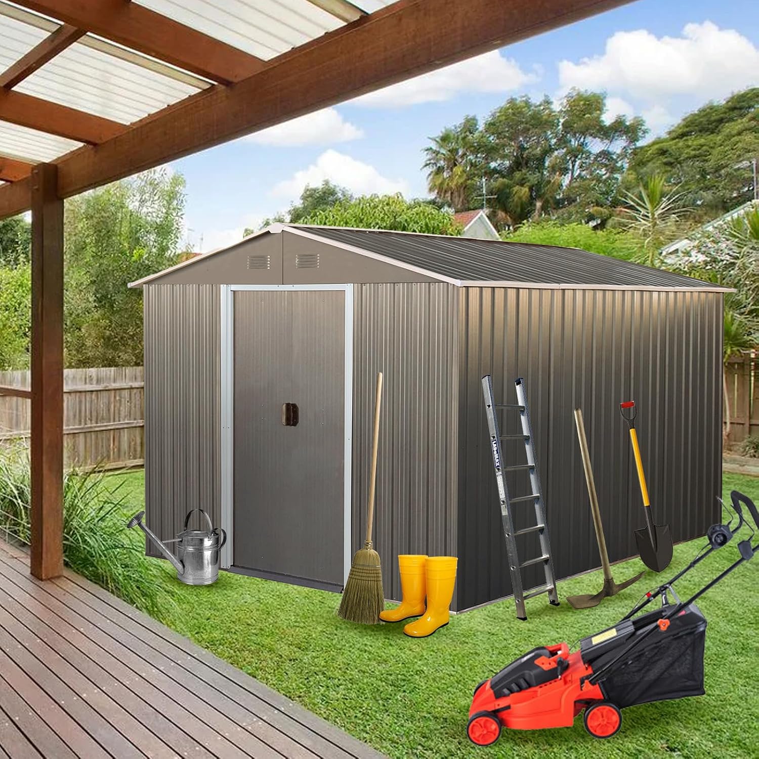 7.5ftx10ft Outdoor Storage Shed with Floor Frame, Metal Garden Shed with Sliding Doors, Waterproof Galvanized Steel Storage House for Backyard Garden, Patio (7.5 x 10 FT, Gray)
