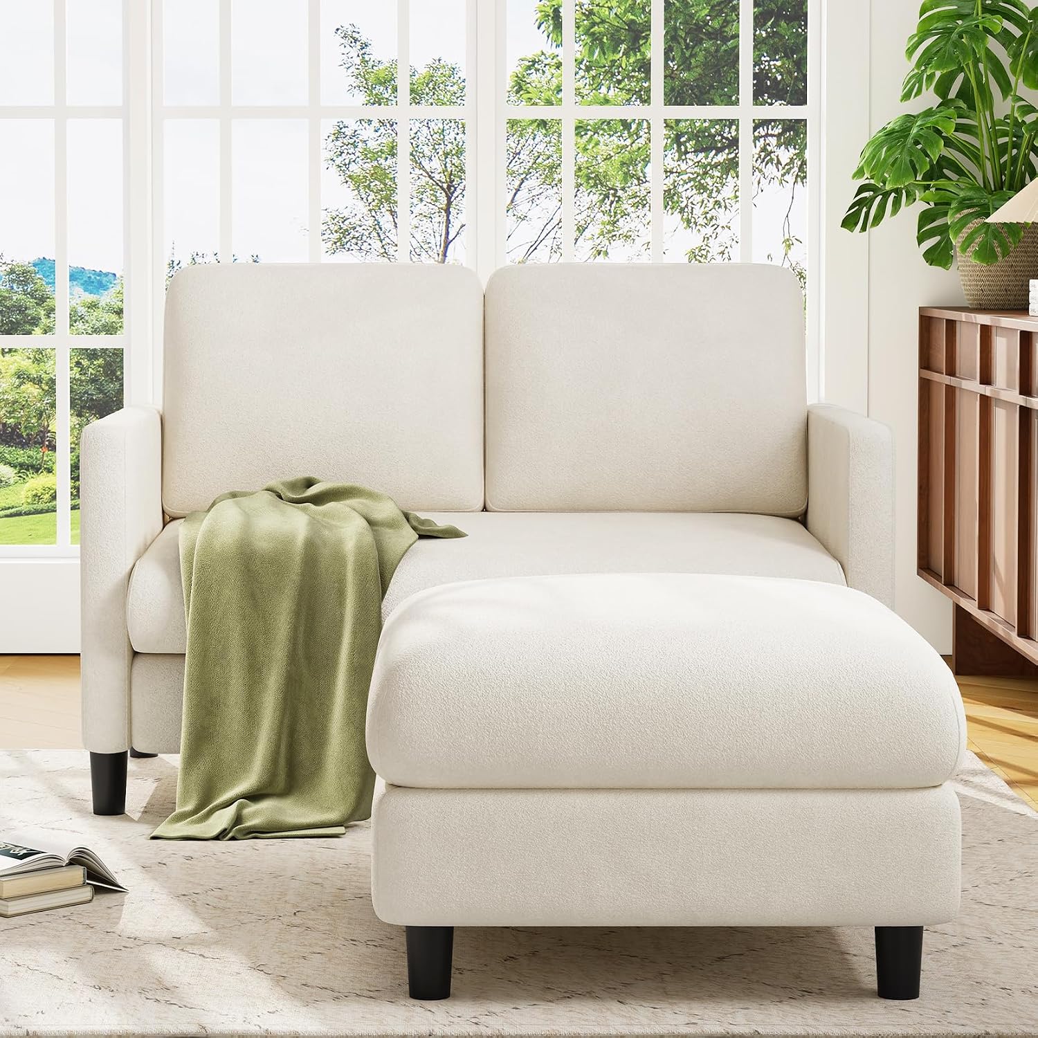 Welzona Loveseat, 51' Small L Shaped Couch, Comfy Teddy Love Seat with Ottoman Set, Tool-Free Setup Loveseat Sofa with Ottoman, All-Wood Small Sofa Couch for Bedroom, Couch for Living Room, Beige