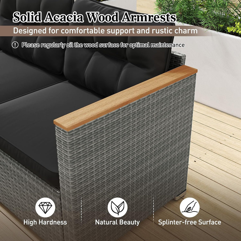 Tangkula 3-Seat Patio Wicker Couch Sofa, Outdoor 3 Seater Rattan Furniture Set with Acacia Wood Armrests & Thick Cushion, Outside Sectional Sofa Couch for Porch, Deck, Garden and Backyard, Black