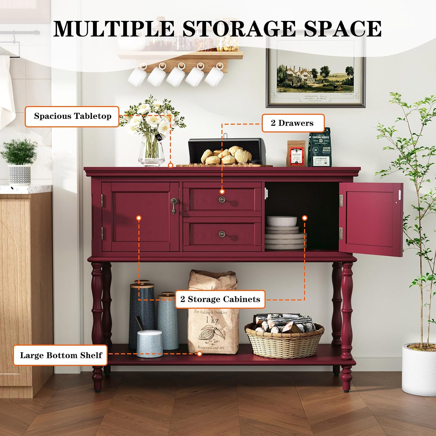 ARTPOWER Console Table with 2 Drawers, Retro Entryway Table with 2 Door Cabinets and Open Storage Shelf, Narrow Long Behind Couch Sofa Table for Living Room, Foyer, Hallway, Red