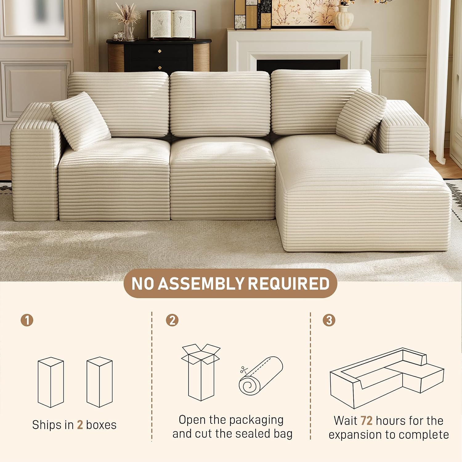 109' L-Shaped Boneless Cloud Sectional Couches, Comfy Corduroy Fluffy Modular Sectional Sofa with Right-Facing Chaise, Deep Seat Memory Foam Plush Couch for Living Room, Small Spaces, Beige White