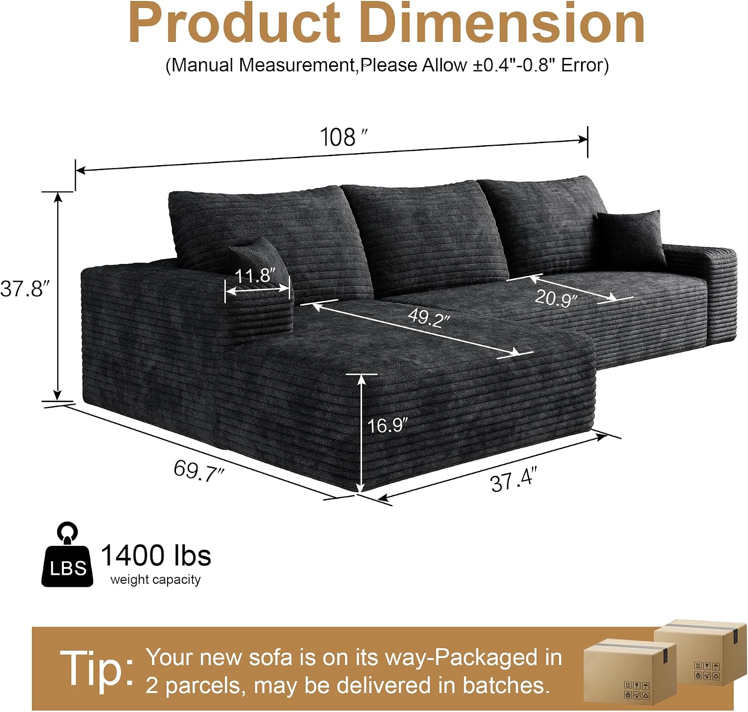 108' Sectional Couches for Living Room Cloud Couch Sofa with L-Shape Upholstered Boneless Couchs Modern Modular Sectional Couch with Chaise (Black, 108' Left Facing Chaise+2Seaters)