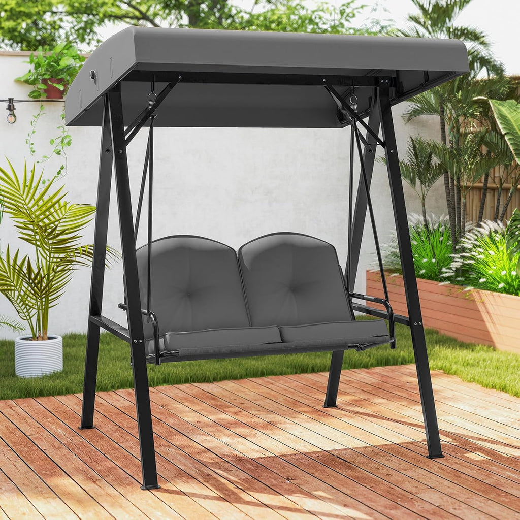 Tangkula 2 Person Porch Swing, Patio Swing with Adjustable Canopy, Heavy-Duty Metal Frame & Soft Cushion, Outdoor Swing for Backyard, Garden (Grey)