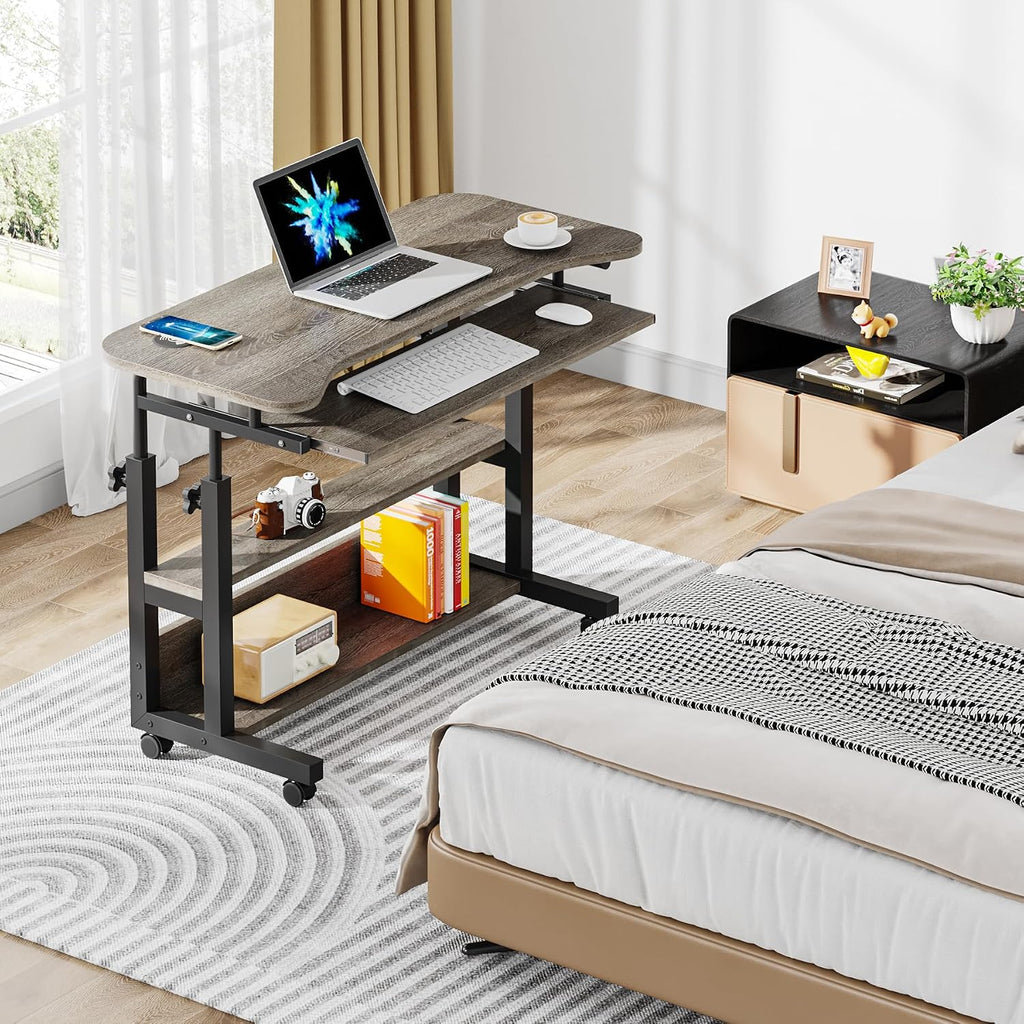 Tribesigns Portable Desk with Power Outlets, Height Adjustable Side Table Sofa Couch Bedside Laptop Computer Cart with USB Charging Ports, Mobile Small Standing Desk with Keyboard Tray